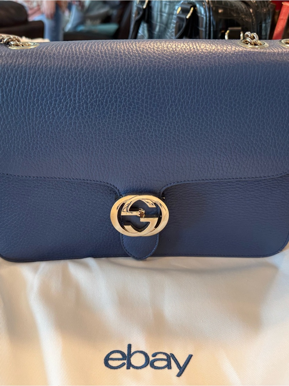 Gucci Navy Blue Pebbled Leather Shoulder Bag with Gold GG Turnlock